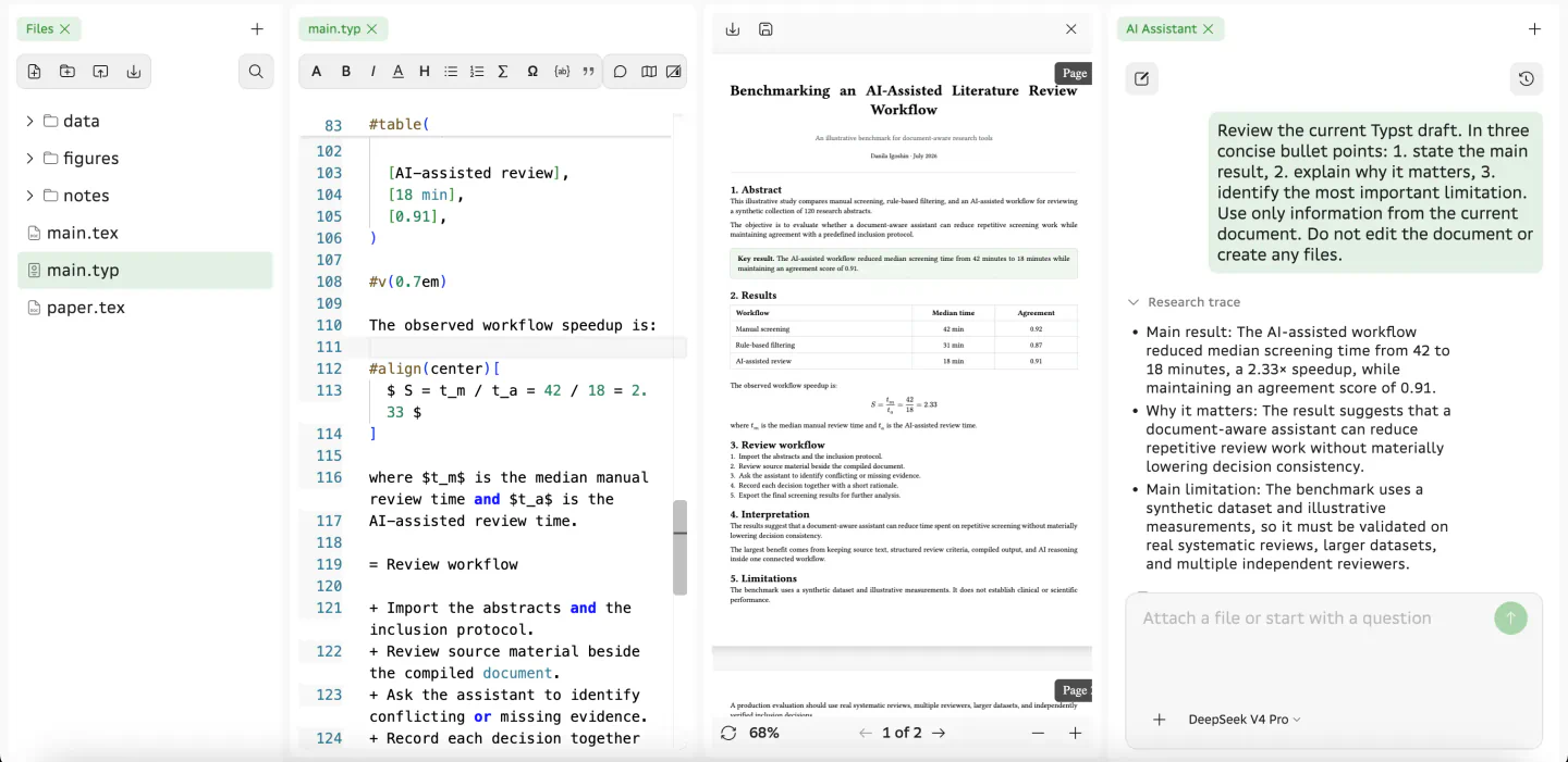 Scientific research workspace showing source editing, compiled document preview, and AI review