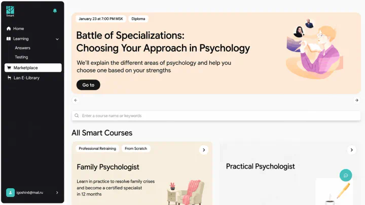 Psychology course marketplace with navigation, featured event, and course cards