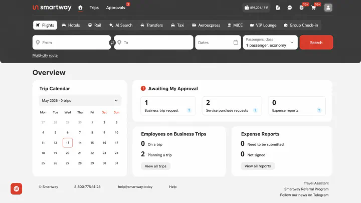 Smartway corporate travel dashboard with booking search, approvals, and trip overview